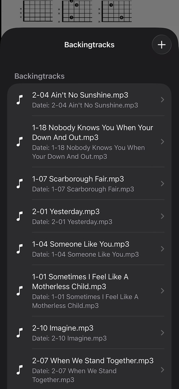 NovaNota Backingtracks-Liste mit MP3 Dateien
