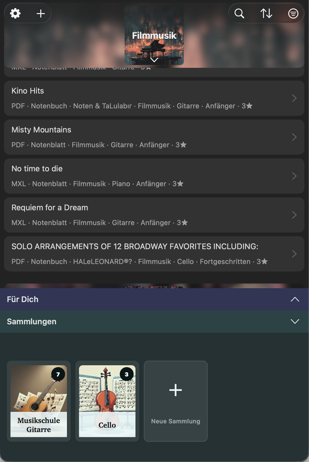 NovaNota Bibliothek — Listenansicht mit PDF und MXL